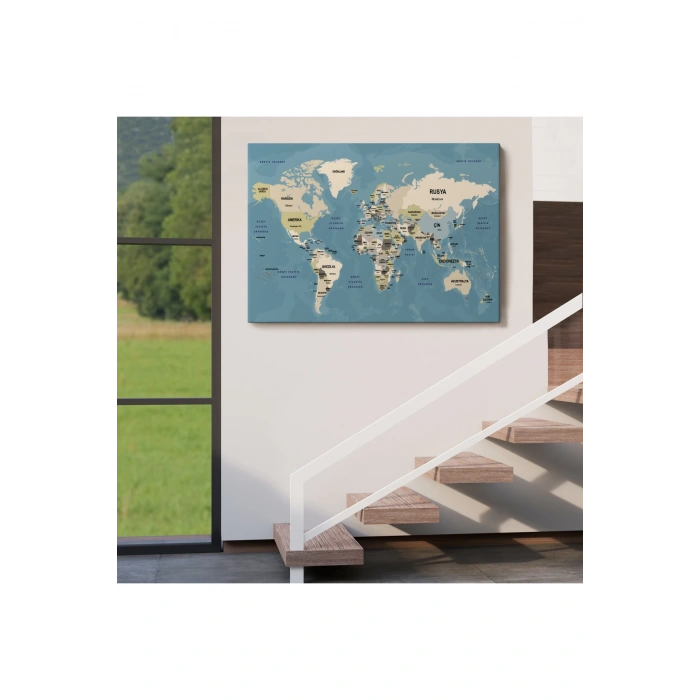 Türkçe Dünya Haritası Kanvas Tablo  Ülke Başkentli ve Okyanus Detaylı Tablo 2742