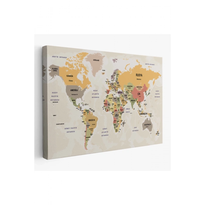 Türkçe Dünya Haritası Kanvas Tablo  Ülke Başkentli ve Okyanus Detaylı Tablo 2744