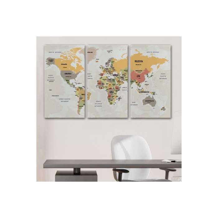 Türkçe Dünya Haritası Kanvas Tablo  Ülke Başkentli ve Okyanus Detaylı Tablo 2744