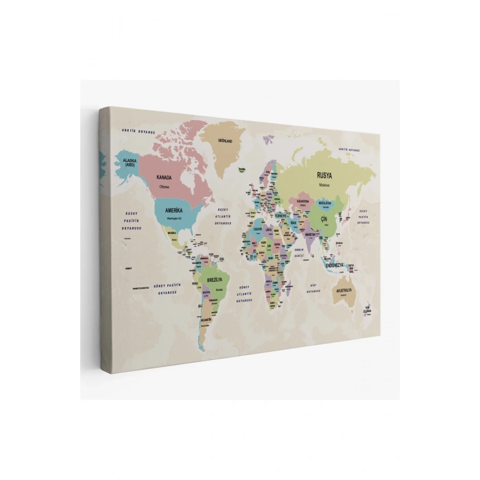 Türkçe Dünya Haritası Kanvas Tablo  Ülke Başkentli ve Okyanus Detaylı Tablo 2748