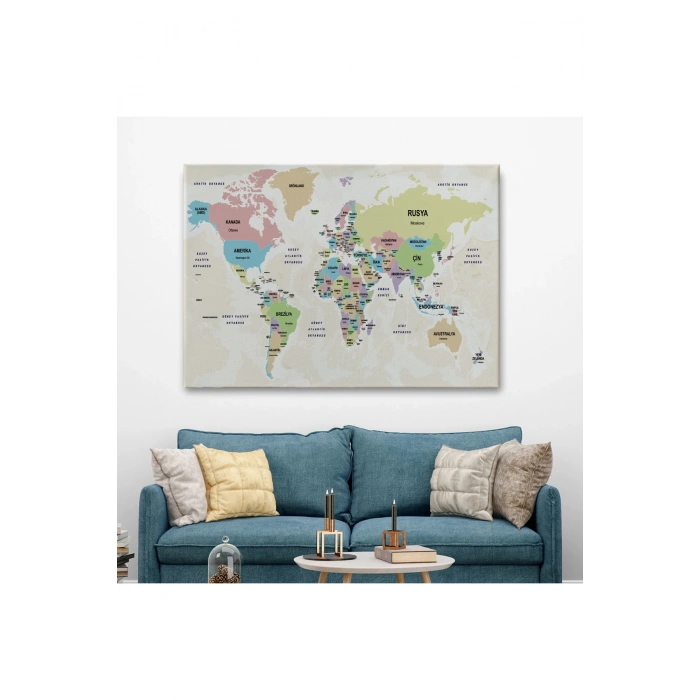 Türkçe Dünya Haritası Kanvas Tablo  Ülke Başkentli ve Okyanus Detaylı Tablo 2748