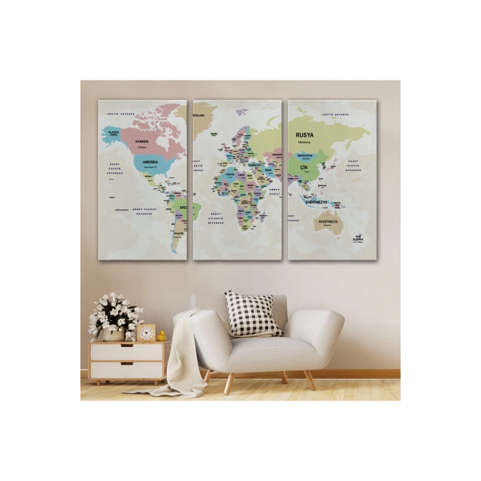 Türkçe Dünya Haritası Kanvas Tablo  Ülke Başkentli ve Okyanus Detaylı Tablo 2748