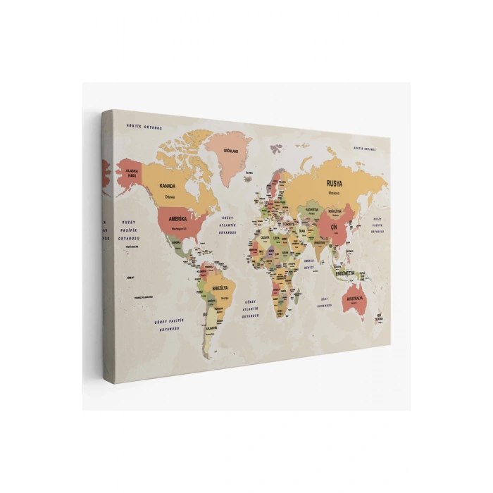 Türkçe Dünya Haritası Kanvas Tablo  Ülke Başkentli ve Okyanus Detaylı Tablo 2750
