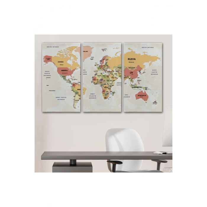 Türkçe Dünya Haritası Kanvas Tablo  Ülke Başkentli ve Okyanus Detaylı Tablo 2750