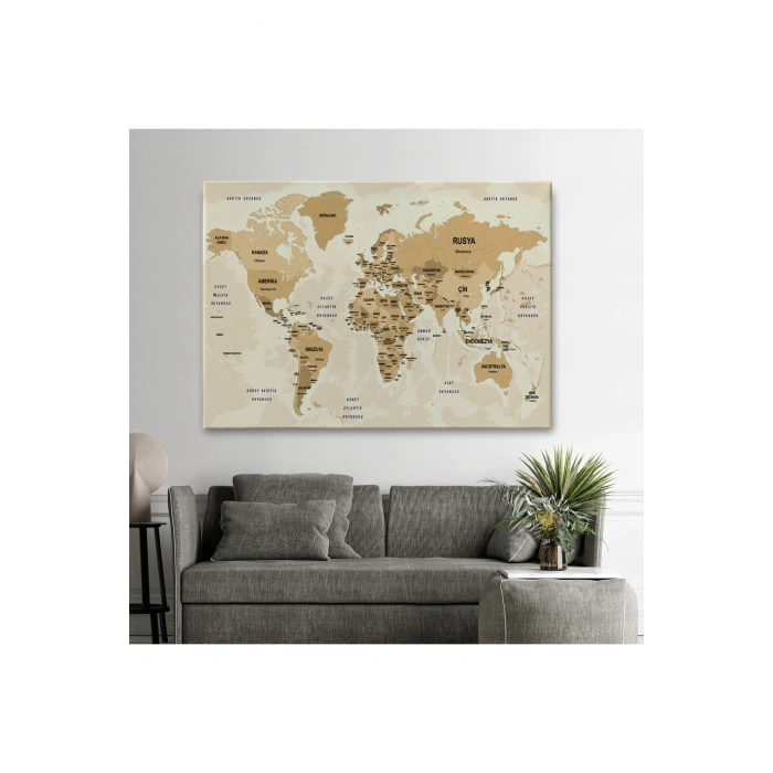 Türkçe Dünya Haritası Kanvas Tablo  Ülke Başkentli ve Okyanus Detaylı Tablo 2764