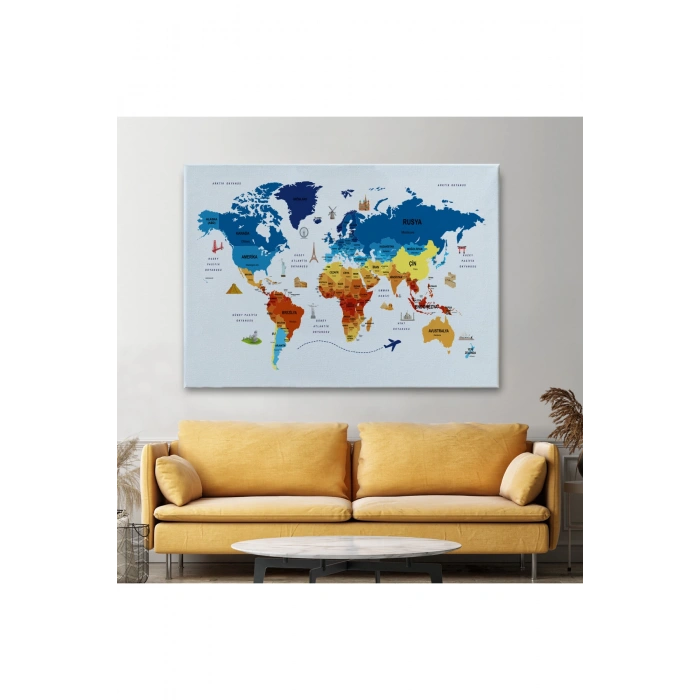 Türkçe Dünya Haritası Kanvas Tablo  Ülke Başkentli ve Ünlü Yerler Sembollü 2640
