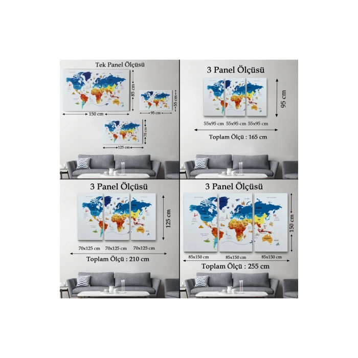 Türkçe Dünya Haritası Kanvas Tablo  Ülke Başkentli ve Ünlü Yerler Sembollü 2640