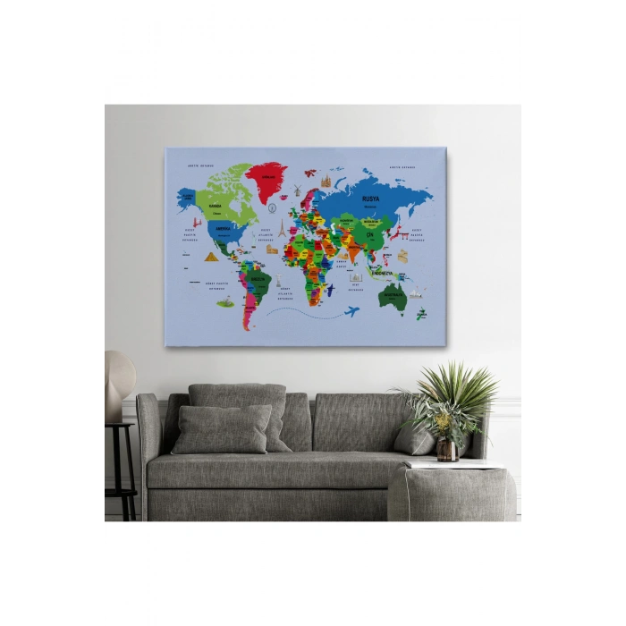 Türkçe Dünya Haritası Kanvas Tablo  Ülke Başkentli ve Ünlü Yerler Sembollü 2704