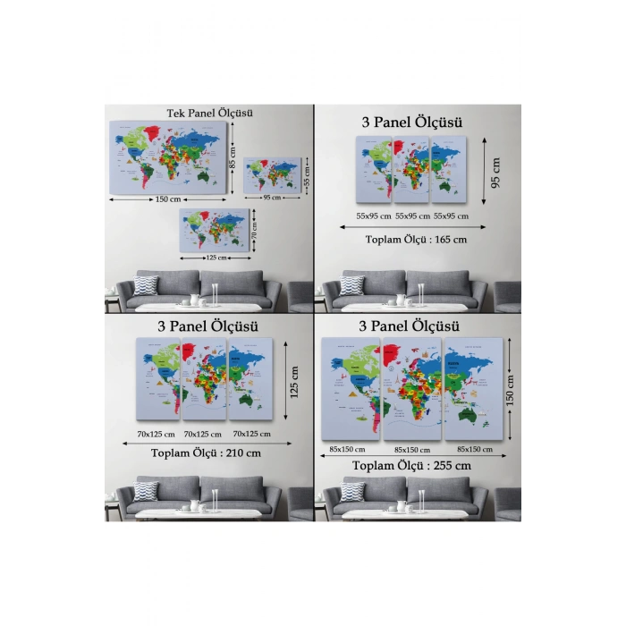 Türkçe Dünya Haritası Kanvas Tablo  Ülke Başkentli ve Ünlü Yerler Sembollü 2704