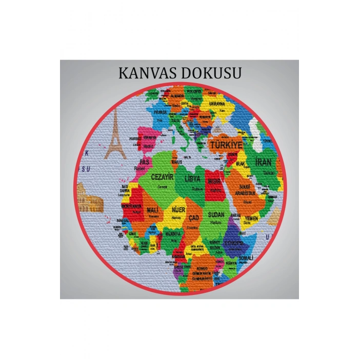 Türkçe Dünya Haritası Kanvas Tablo  Ülke Başkentli ve Ünlü Yerler Sembollü 2704