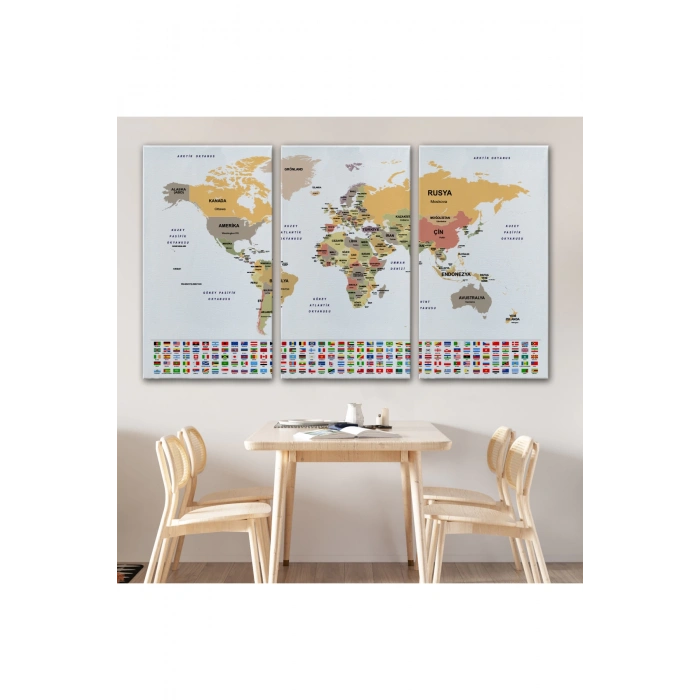 Türkçe Dünya Haritası Kanvas Tablo Ülke Bayraklı ve Dekoratif 2380