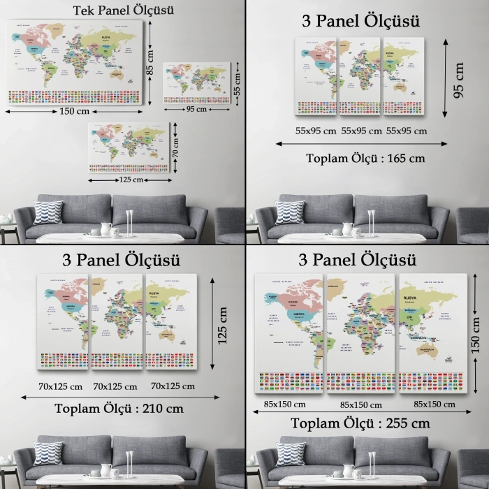 Türkçe Dünya Haritası Kanvas Tablo Ülke Bayraklı ve Dekoratif 2384
