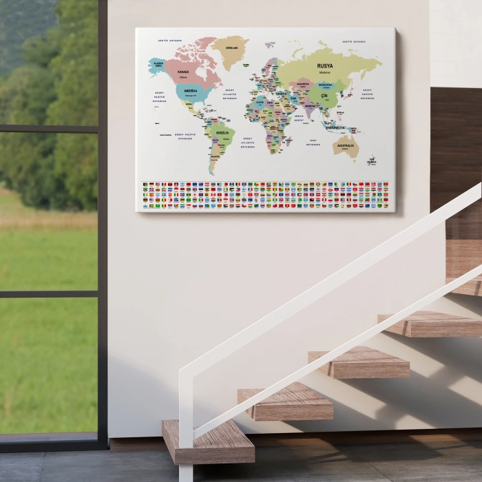 Türkçe Dünya Haritası Kanvas Tablo Ülke Bayraklı ve Dekoratif 2384