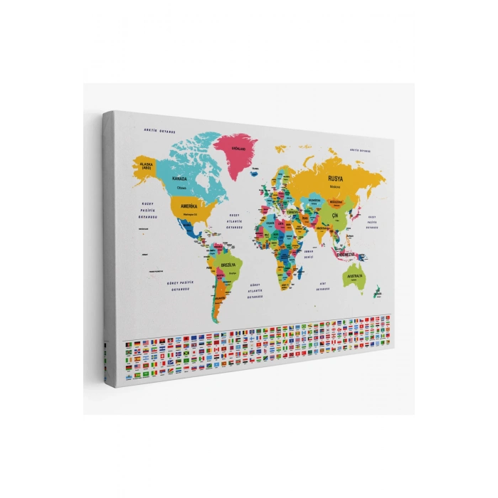 Türkçe Dünya Haritası Kanvas Tablo Ülke Bayraklı ve Dekoratif 2394