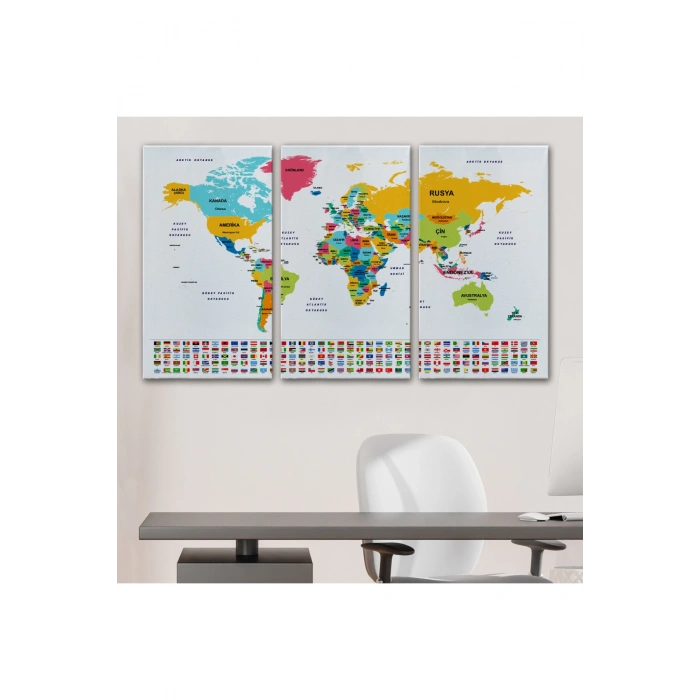 Türkçe Dünya Haritası Kanvas Tablo Ülke Bayraklı ve Dekoratif 2394