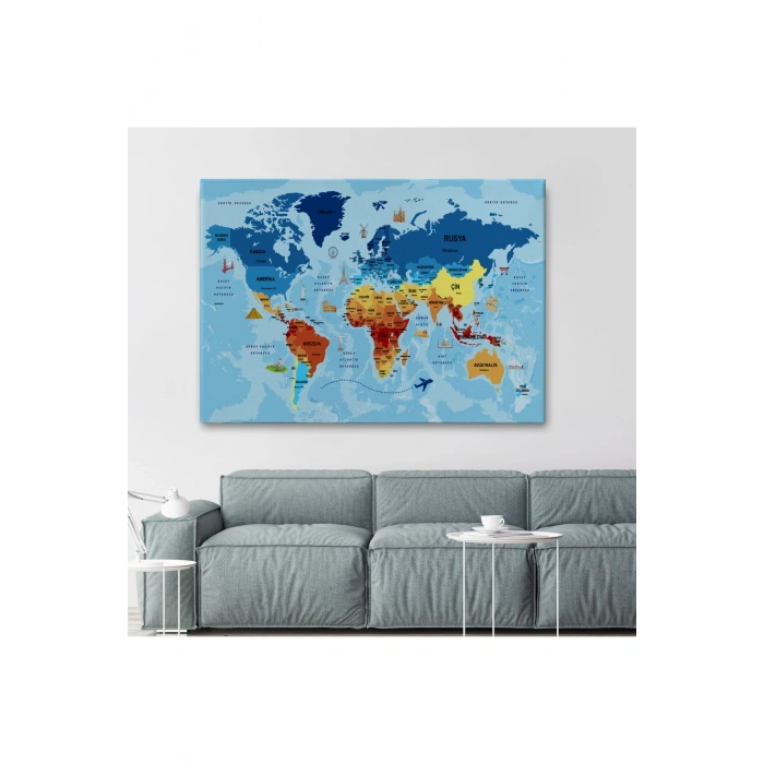 Türkçe Dünya Haritası Sembollü ve Okyanuslu Dekoratif Kanvas Tablo 2422