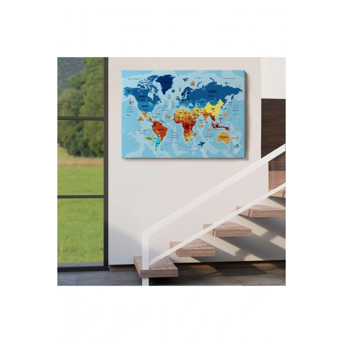 Türkçe Dünya Haritası Sembollü ve Okyanuslu Dekoratif Kanvas Tablo 2422