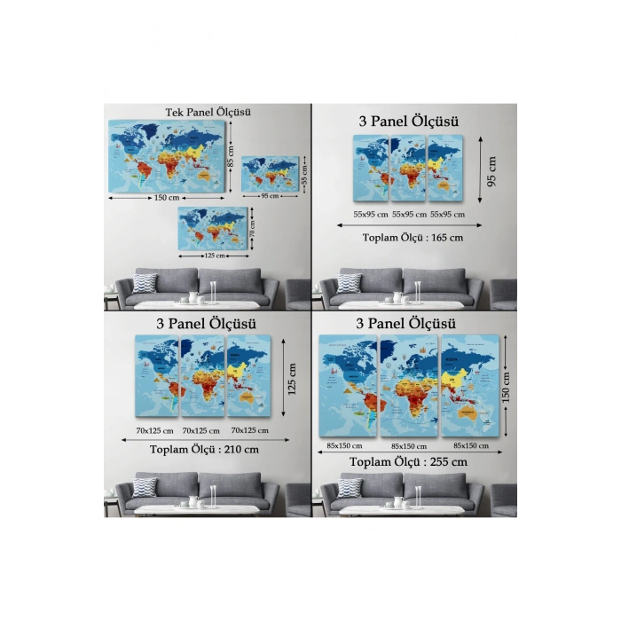 Türkçe Dünya Haritası Sembollü ve Okyanuslu Dekoratif Kanvas Tablo 2422