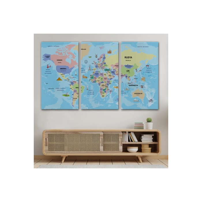 Türkçe Dünya Haritası Sembollü ve Okyanuslu Dekoratif Kanvas Tablo 2460
