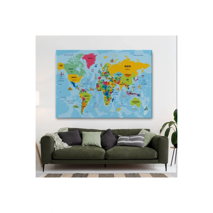 Türkçe Dünya Haritası Sembollü ve Okyanuslu Dekoratif Kanvas Tablo 2470