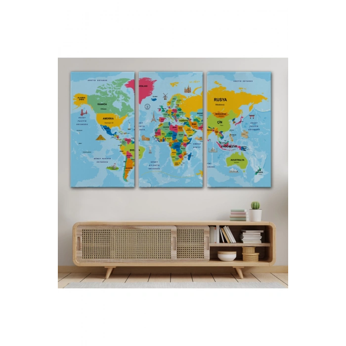 Türkçe Dünya Haritası Sembollü ve Okyanuslu Dekoratif Kanvas Tablo 2470