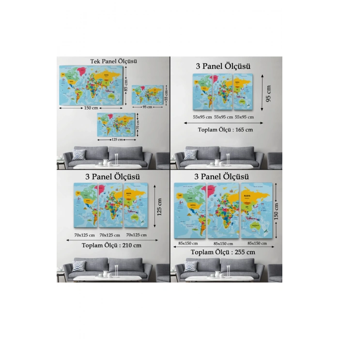 Türkçe Dünya Haritası Sembollü ve Okyanuslu Dekoratif Kanvas Tablo 2470