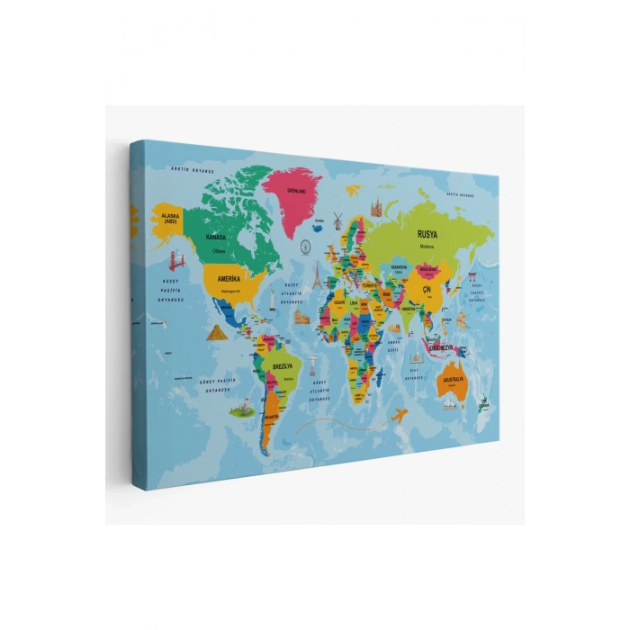 Türkçe Dünya Haritası Sembollü ve Okyanuslu Dekoratif Kanvas Tablo 2472