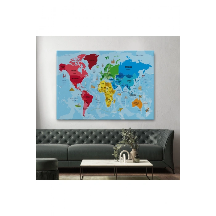 Türkçe Dünya Haritası Sembollü ve Okyanuslu Dekoratif Kanvas Tablo 2480