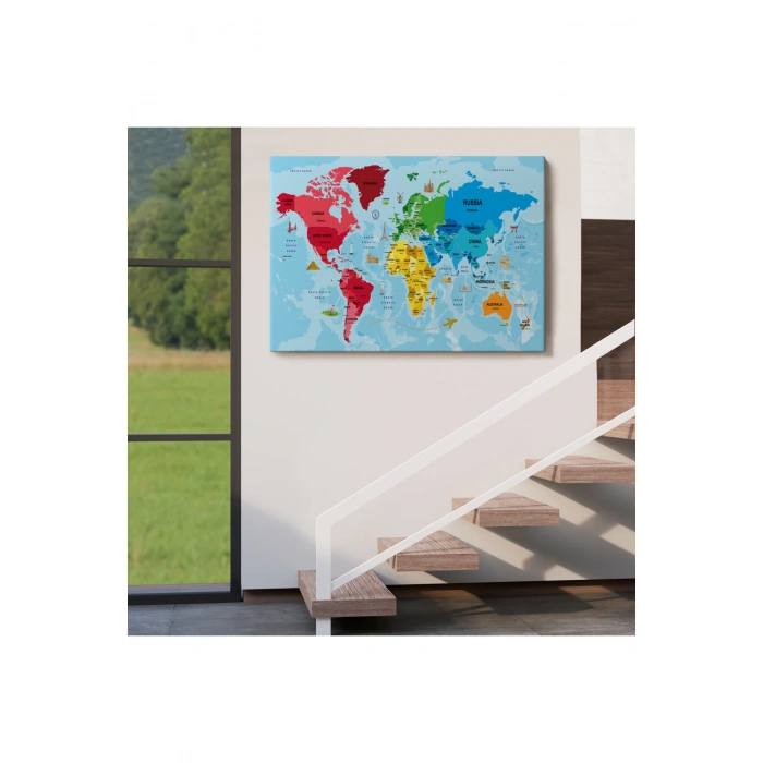 Türkçe Dünya Haritası Sembollü ve Okyanuslu Dekoratif Kanvas Tablo 2480