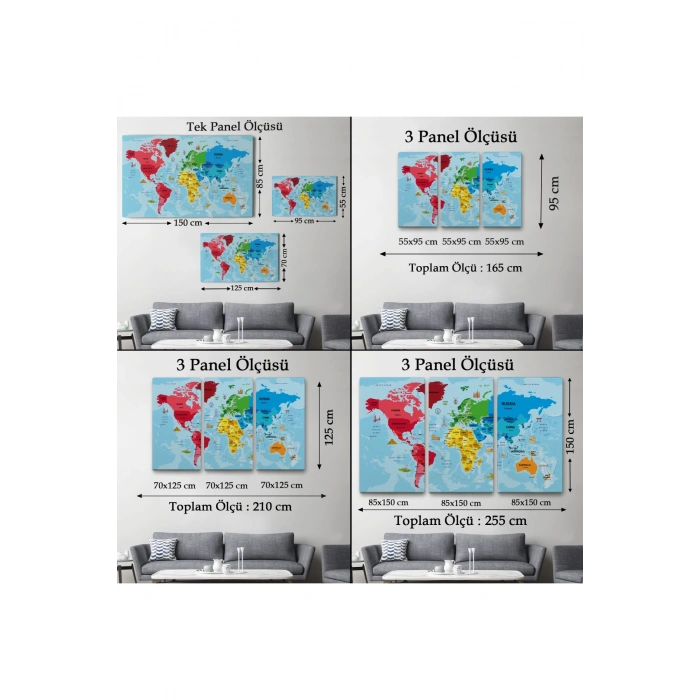 Türkçe Dünya Haritası Sembollü ve Okyanuslu Dekoratif Kanvas Tablo 2480