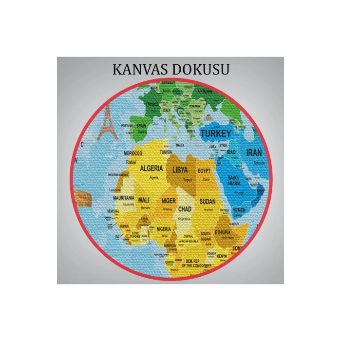 Türkçe Dünya Haritası Sembollü ve Okyanuslu Dekoratif Kanvas Tablo 2480