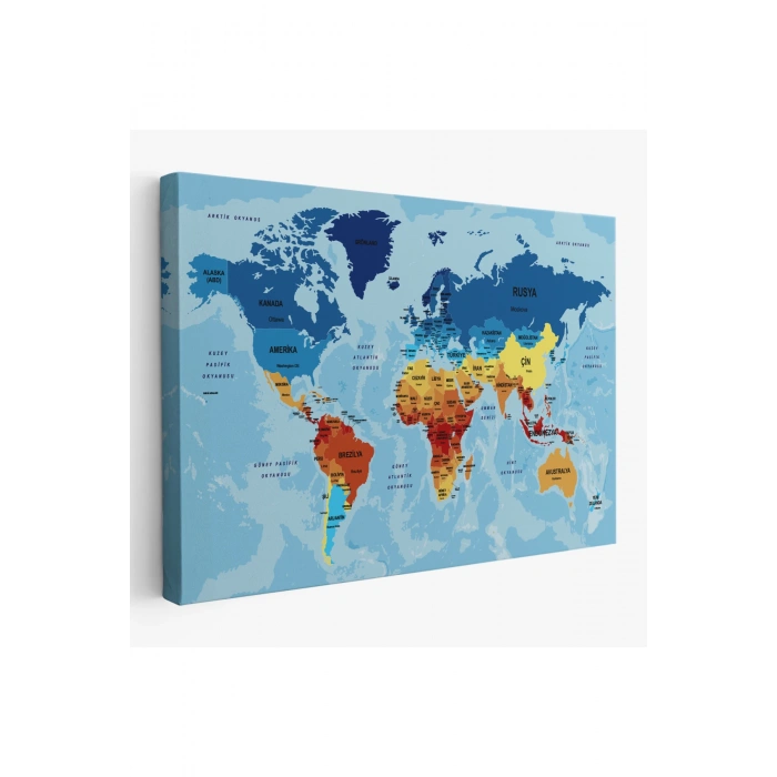 Türkçe Dünya Haritası Ülke Başkentli ve Okyanuslu Dekoratif Kanvas Tablo 2194