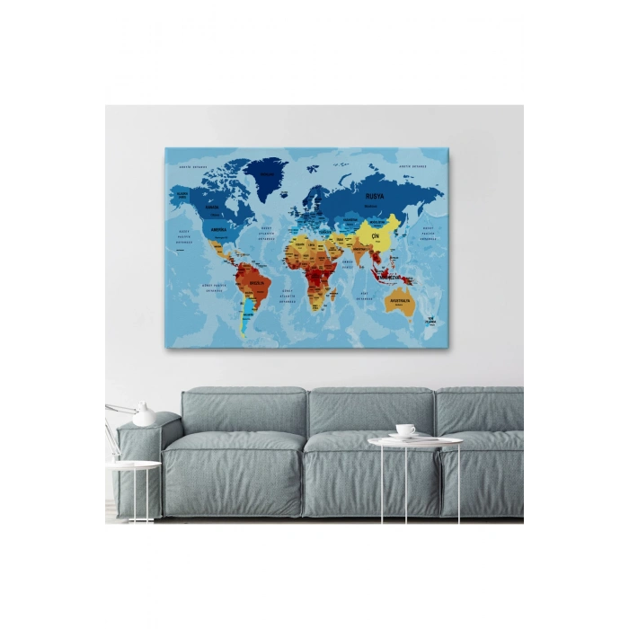 Türkçe Dünya Haritası Ülke Başkentli ve Okyanuslu Dekoratif Kanvas Tablo 2194