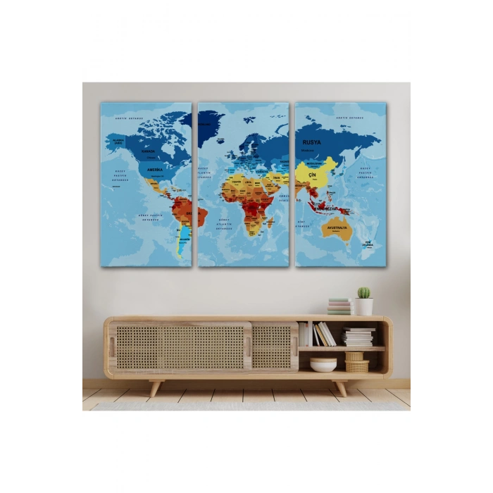 Türkçe Dünya Haritası Ülke Başkentli ve Okyanuslu Dekoratif Kanvas Tablo 2194