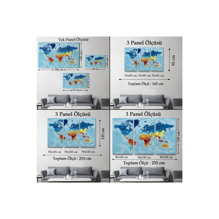 Türkçe Dünya Haritası Ülke Başkentli ve Okyanuslu Dekoratif Kanvas Tablo 2194