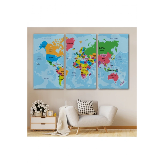 Türkçe Dünya Haritası Ülke Başkentli ve Okyanuslu Dekoratif Kanvas Tablo 2200