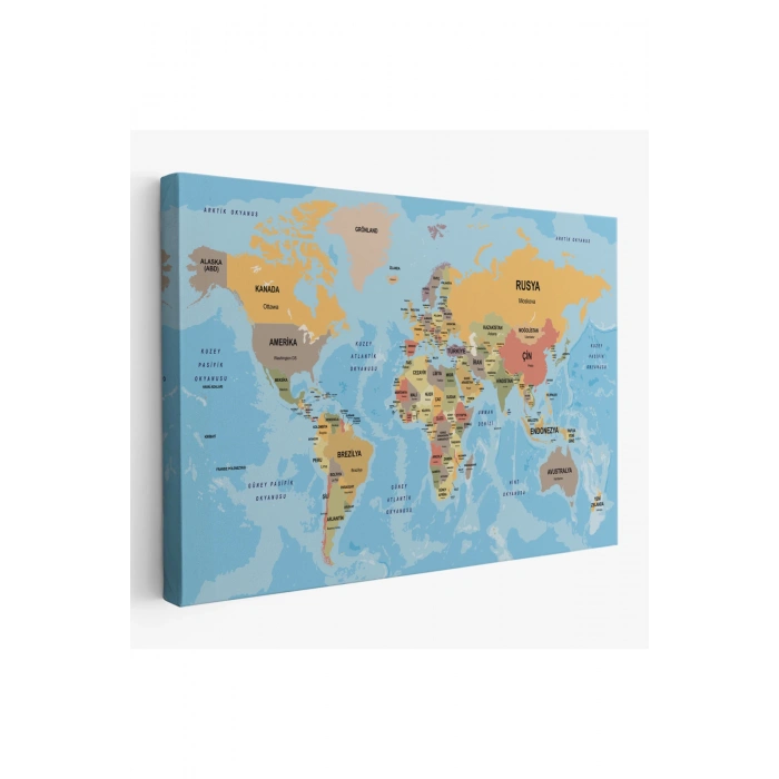 Türkçe Dünya Haritası Ülke Başkentli ve Okyanuslu Dekoratif Kanvas Tablo 2228