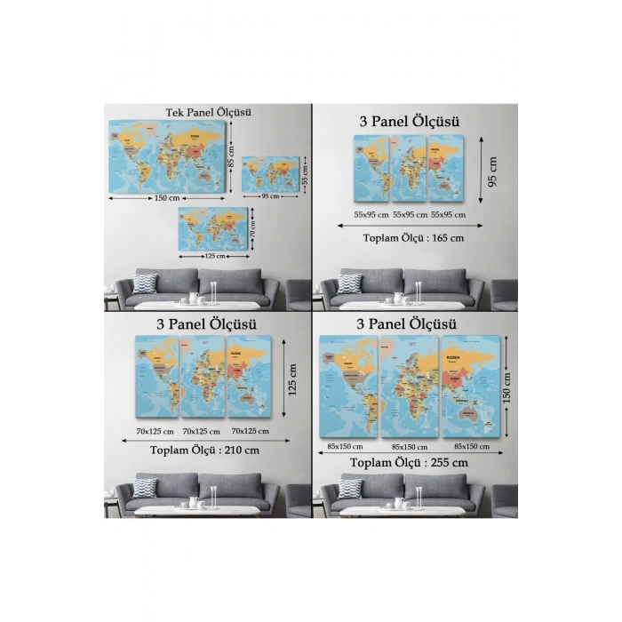 Türkçe Dünya Haritası Ülke Başkentli ve Okyanuslu Dekoratif Kanvas Tablo 2228