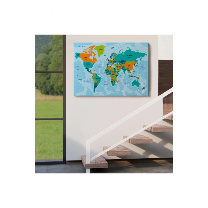 Türkçe Dünya Haritası Ülke Başkentli ve Okyanuslu Dekoratif Kanvas Tablo 2230