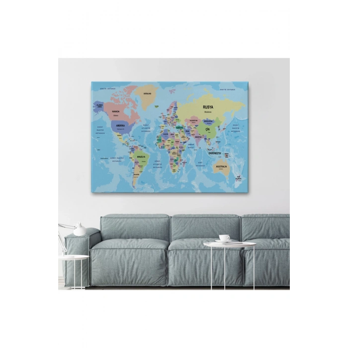 Türkçe Dünya Haritası Ülke Başkentli ve Okyanuslu Dekoratif Kanvas Tablo 2232