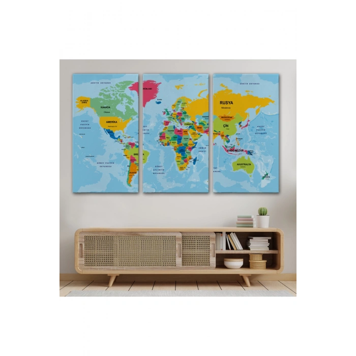 Türkçe Dünya Haritası Ülke Başkentli ve Okyanuslu Dekoratif Kanvas Tablo 2242