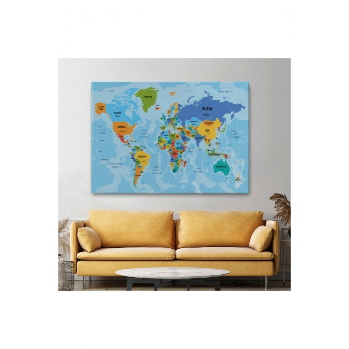 Türkçe Dünya Haritası Ülke Başkentli ve Okyanuslu Dekoratif Kanvas Tablo 2260