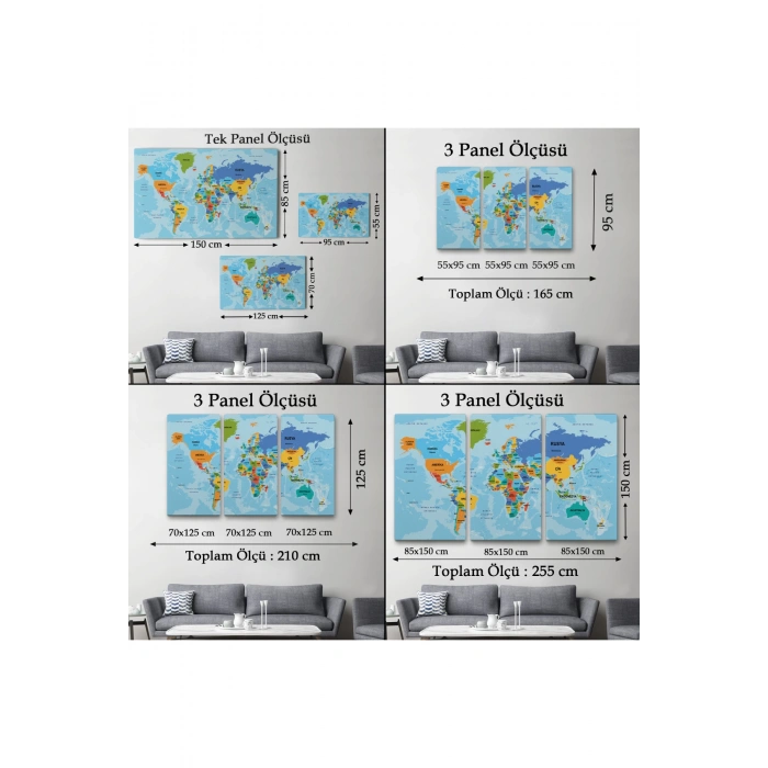 Türkçe Dünya Haritası Ülke Başkentli ve Okyanuslu Dekoratif Kanvas Tablo 2260