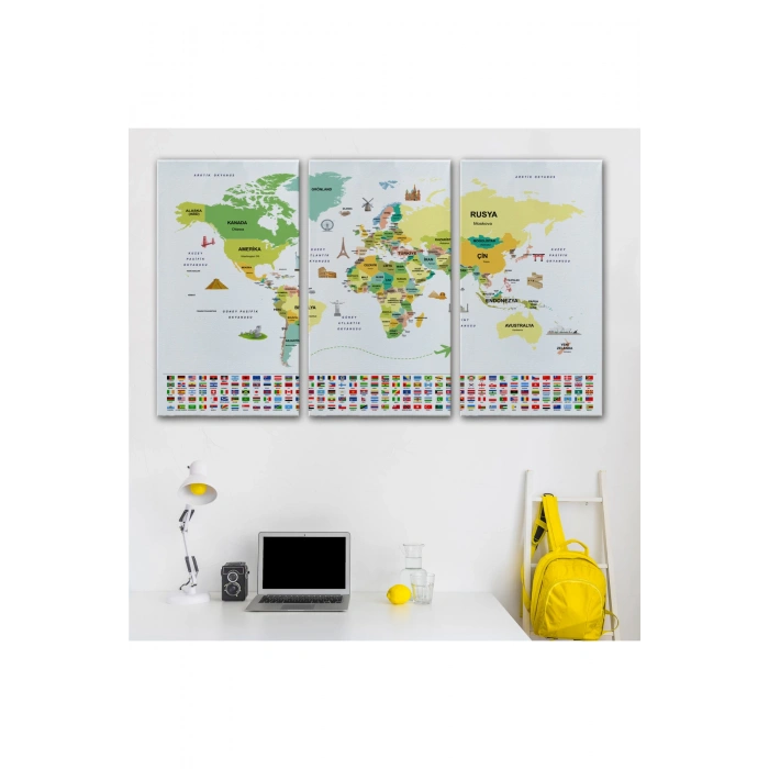 Türkçe Dünya Haritası Ülke Bayrak ve Başkentli Kanvas Tablo 1914
