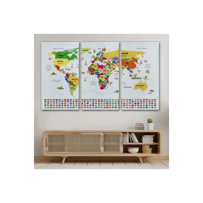 Türkçe Dünya Haritası Ülke Bayrak ve Başkentli Kanvas Tablo 1918