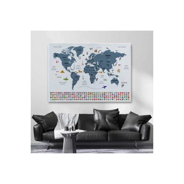 Türkçe Dünya Haritası Ülke Bayrak ve Başkentli Kanvas Tablo 1920