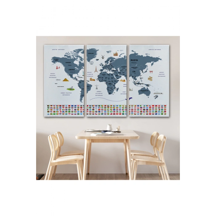 Türkçe Dünya Haritası Ülke Bayrak ve Başkentli Kanvas Tablo 1920