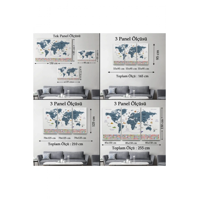 Türkçe Dünya Haritası Ülke Bayrak ve Başkentli Kanvas Tablo 1920