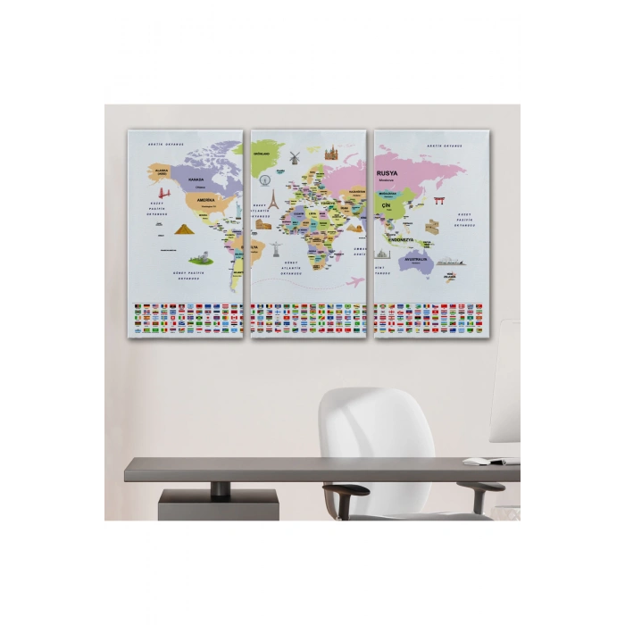 Türkçe Dünya Haritası Ülke Bayrak ve Başkentli Kanvas Tablo 1924