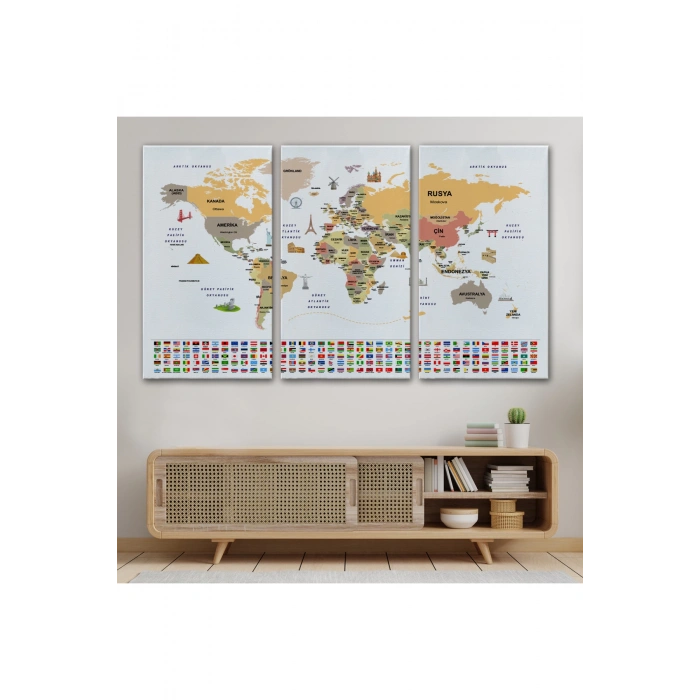 Türkçe Dünya Haritası Ülke Bayrak ve Başkentli Kanvas Tablo 1934